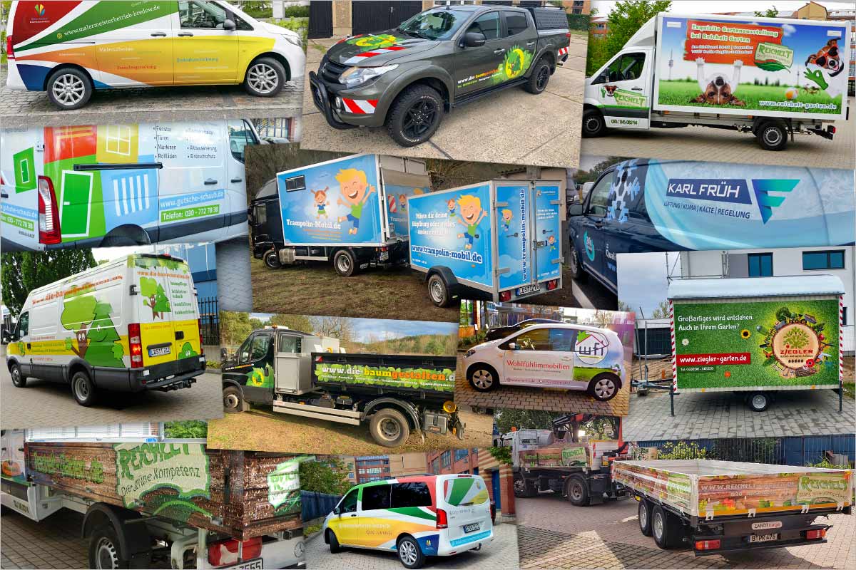 Bildcollage von Refrenzen Firmenwagenwerbung + Fahrzeugbeschriftung - Werbeagentur für München